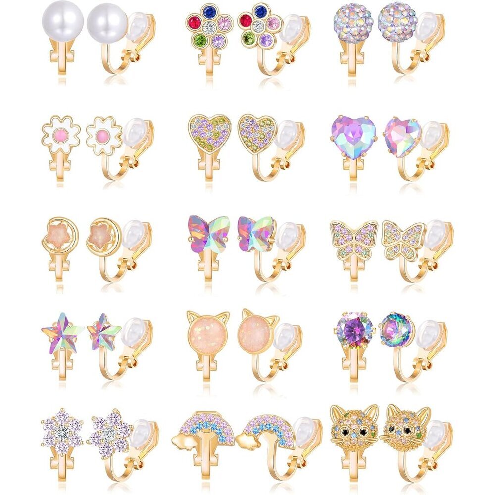 15 Pairs Colorful Non Pierced Clip On Earrings for Women with CZ, Pearl, Heart,